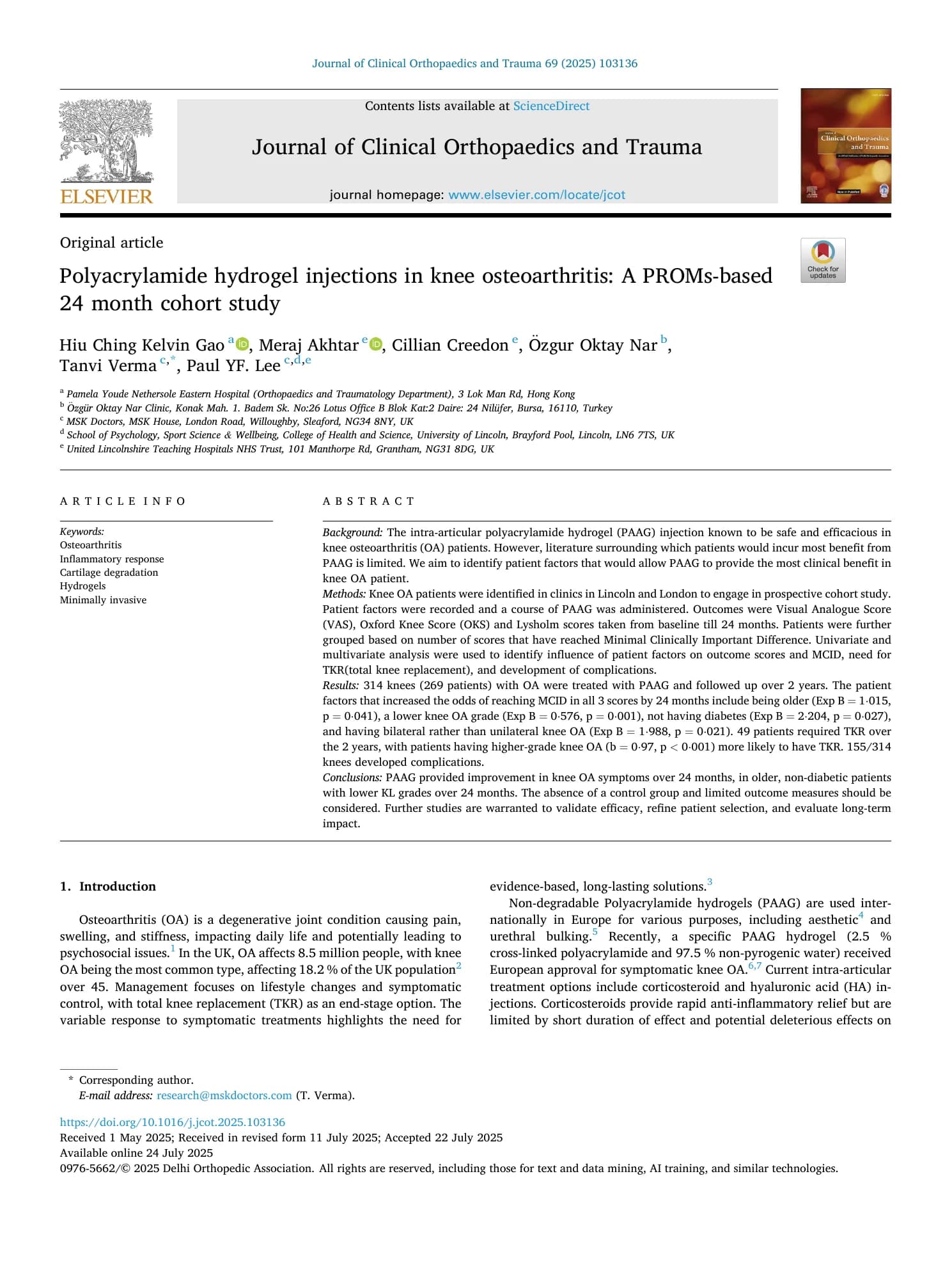 Publication cover: Gao et al. (2025): 24-month prospective knee cohort